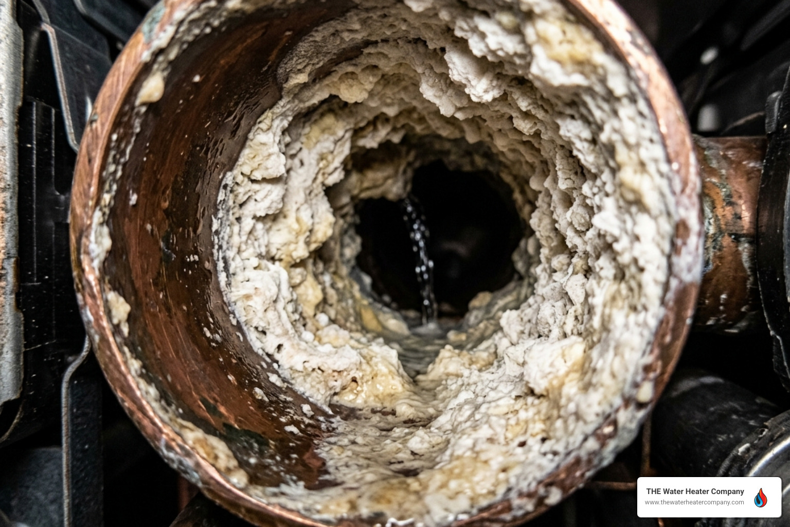 Close-up of mineral deposits inside a copper pipe restricting water flow - tankless water heater descaling and maintenance Close-up of mineral deposits inside a copper pipe restricting water flow - tankless water heater descaling and maintenance