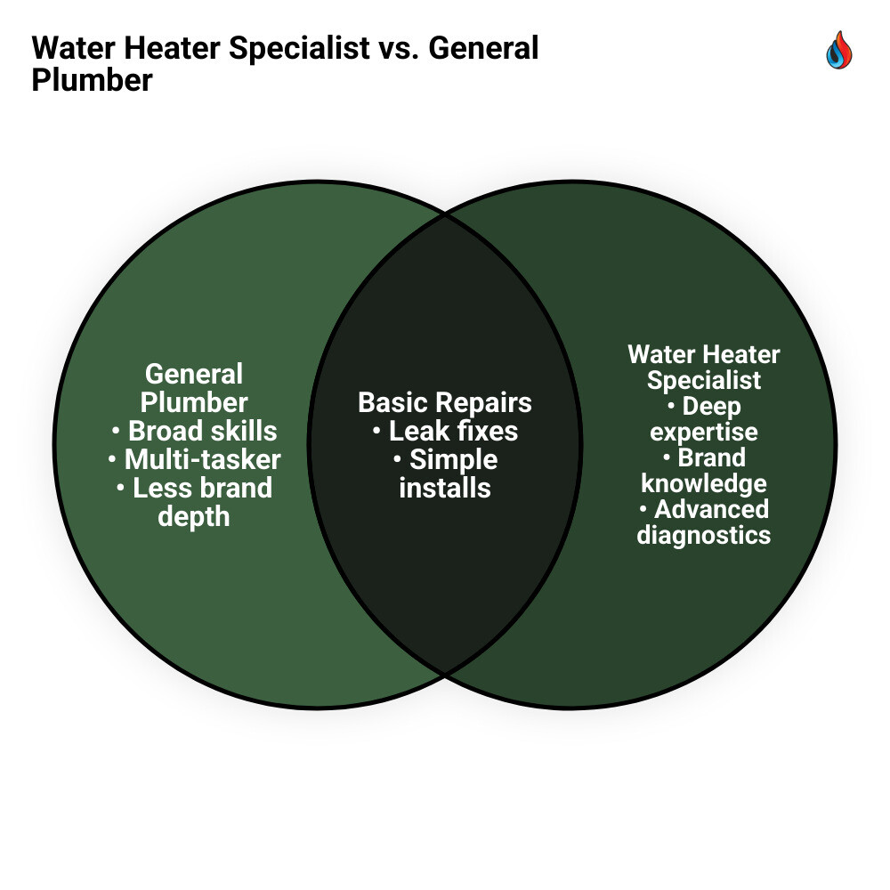 Infographic comparing benefits of water heater specialist vs general plumber: diagnosis, safety, warranty, efficiency Infographic comparing benefits of water heater specialist vs general plumber: diagnosis, safety, warranty, efficiency