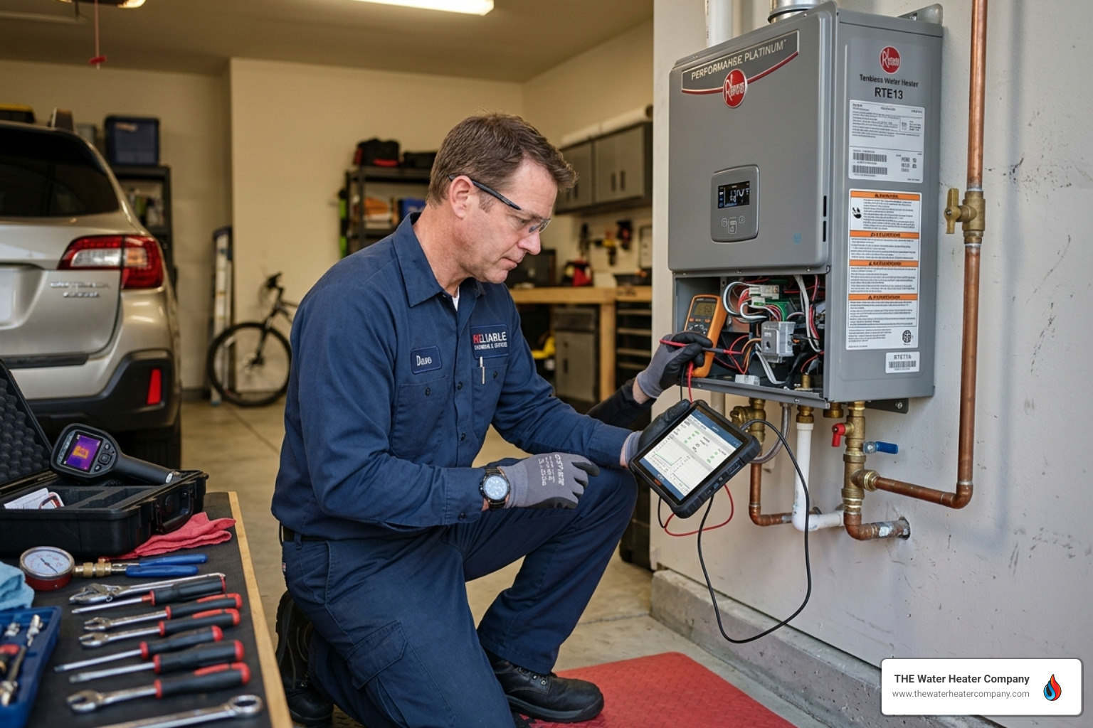 technician using advanced diagnostic equipment on a water heater - benefits of choosing a water heater specialist technician using advanced diagnostic equipment on a water heater - benefits of choosing a water heater specialist