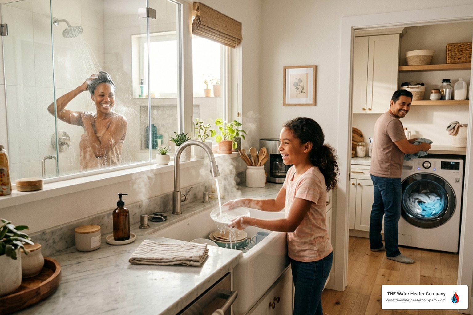 A happy family in a Southern California home using multiple hot water fixtures simultaneously without running out - gas vs A happy family in a Southern California home using multiple hot water fixtures simultaneously without running out - gas vs