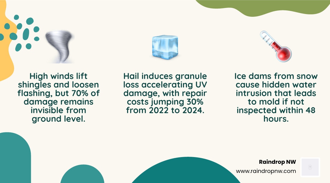 infographic showing weather event types and the 24-48 hour post-storm inspection window with damage categories - how weather