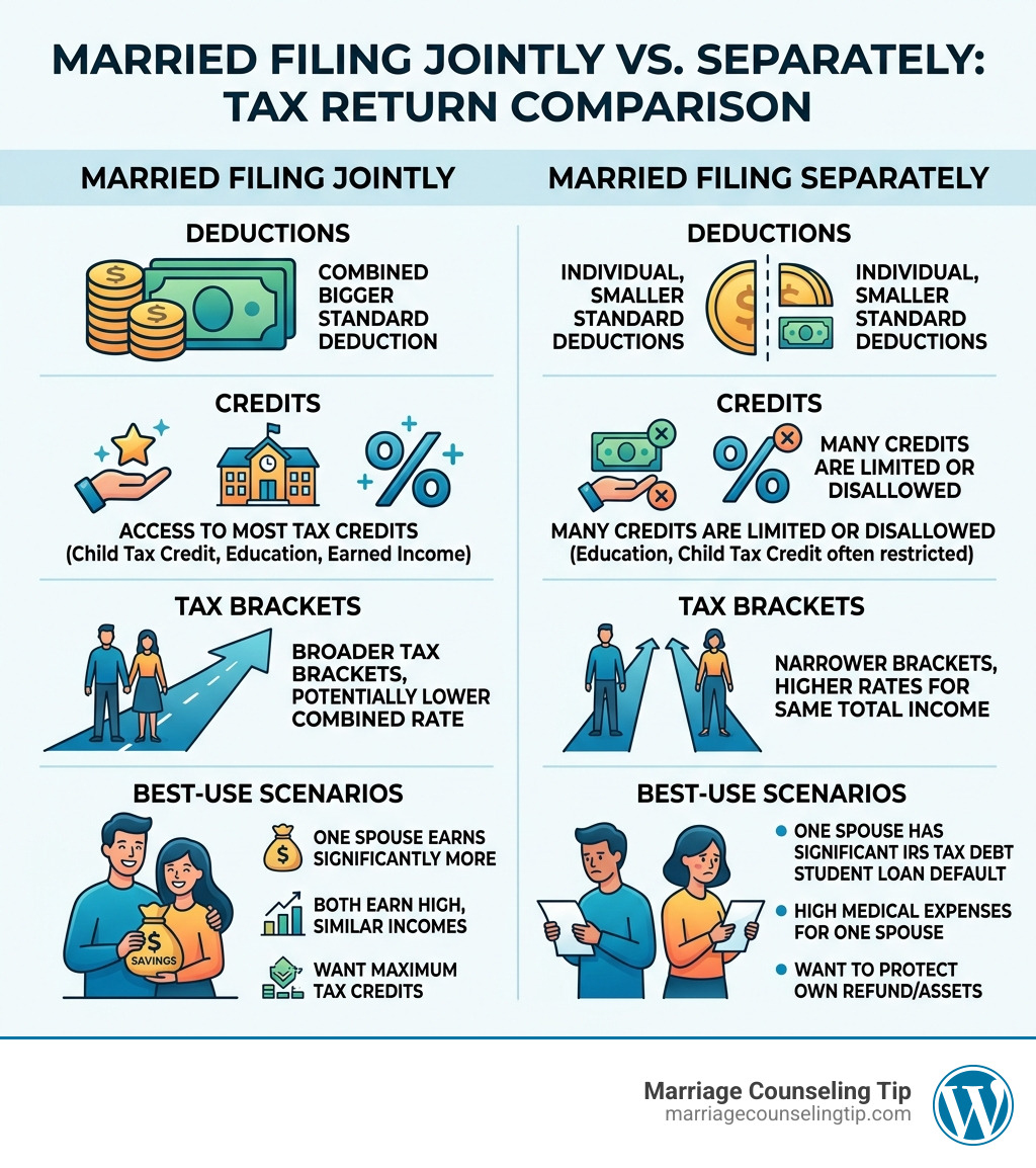 Infographic comparing married filing jointly vs separately: deductions, credits, tax brackets, and best-use scenarios