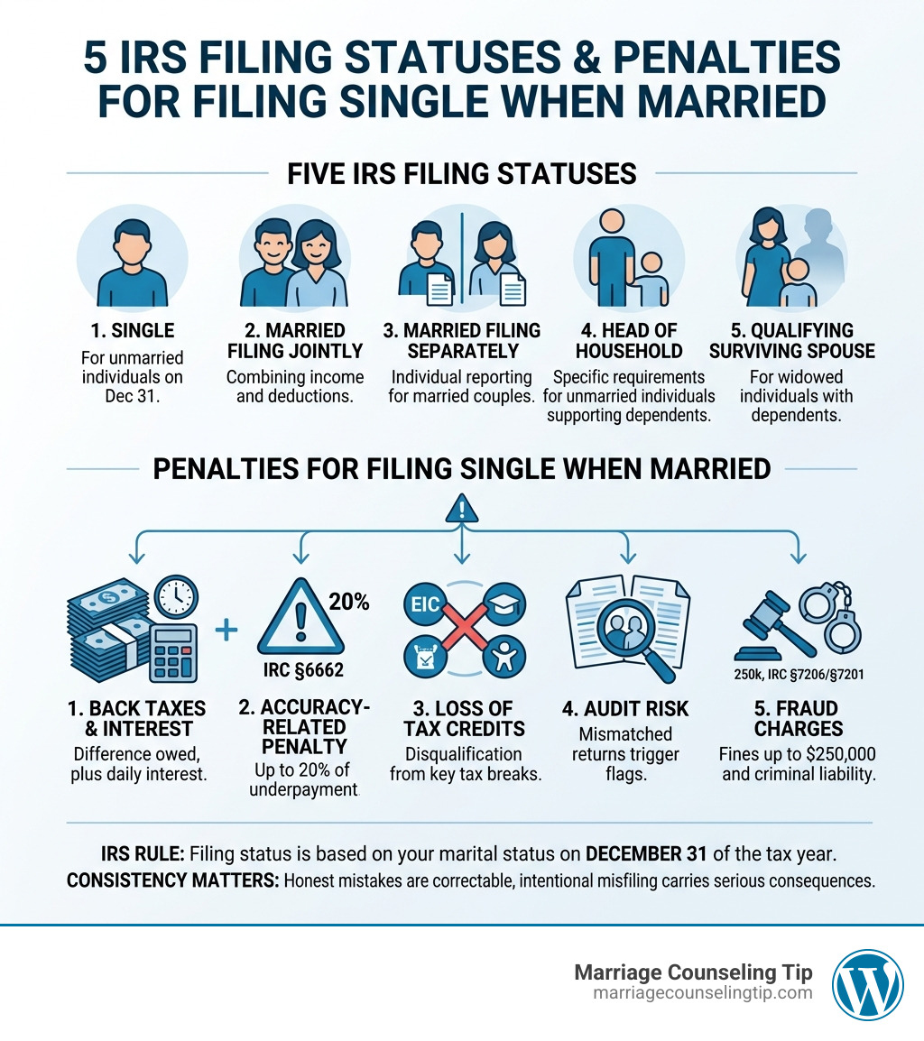 Five IRS filing statuses and penalties for filing single when married infographic - what is the penalty for filing single