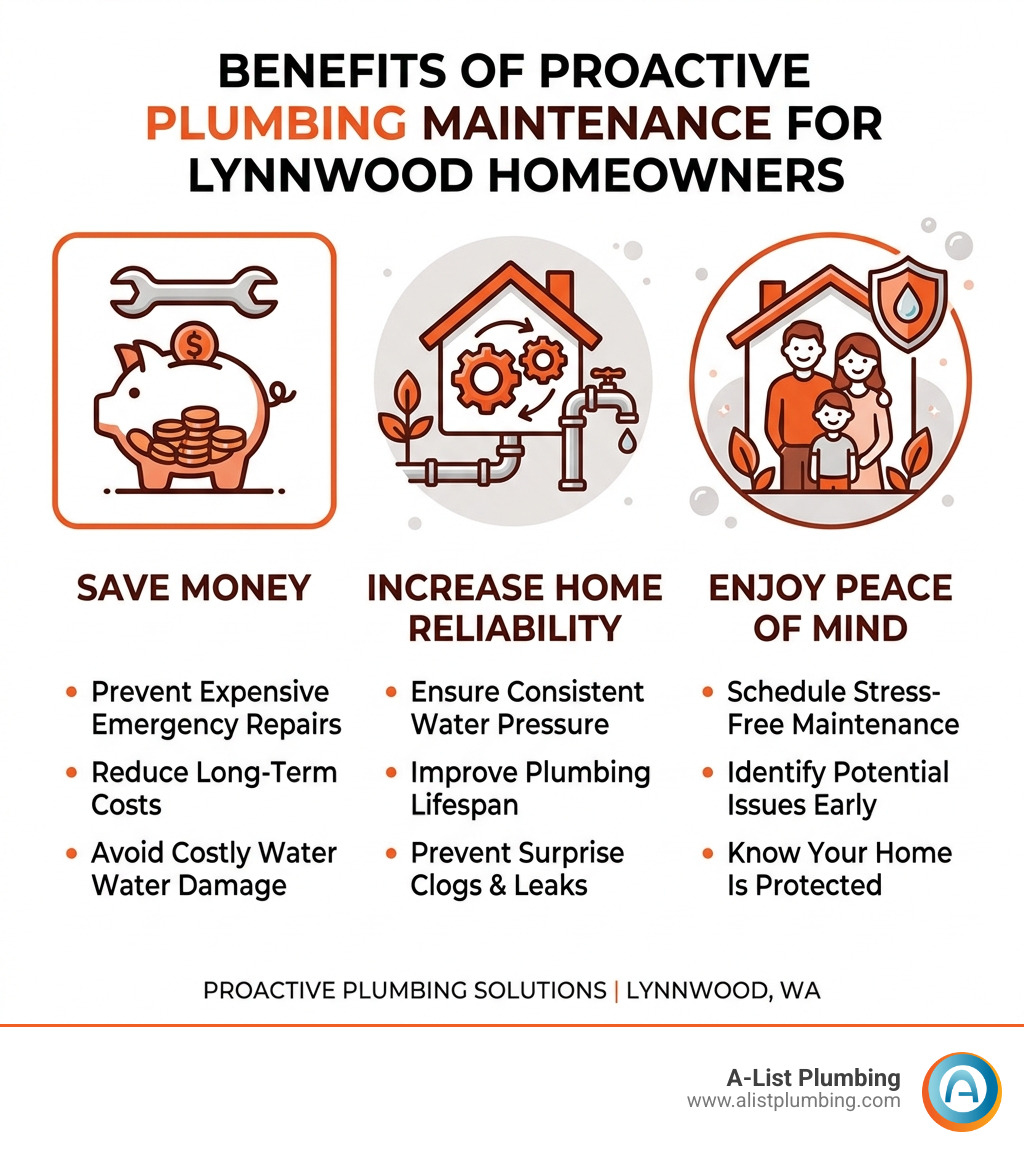Infographic showing benefits of proactive plumbing maintenance for Lynnwood homeowners - plumber in lynnwood wa infographic 
