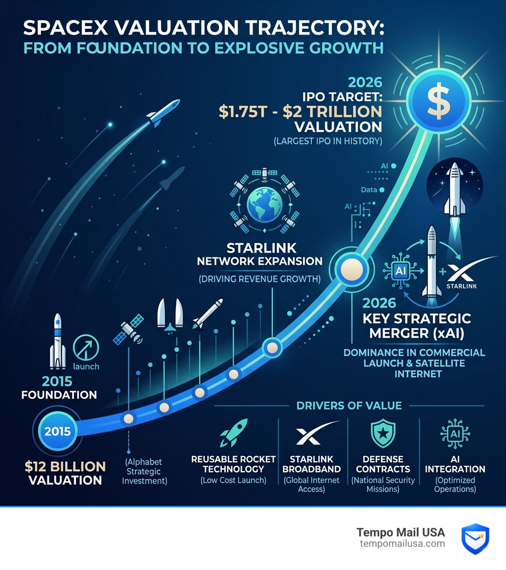 SpaceX valuation trajectory infographic from $12B in 2015 to $2T IPO target in 2026 - Alphabet SpaceX Investment Valuation