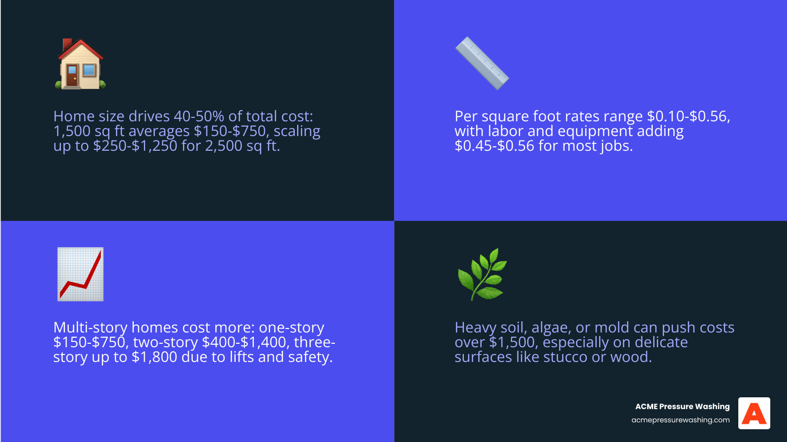 Infographic showing key factors that affect power wash exterior of house cost in 2026 - power wash exterior of house cost