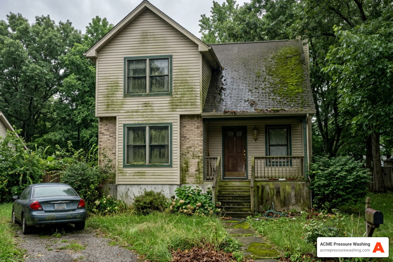 House exterior with heavy green algae growth on the north side - power wash exterior of house cost