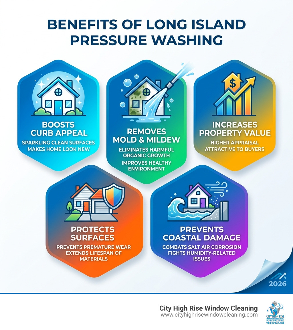 Benefits of Long Island pressure washing: curb appeal, mold removal, property value, surface protection, and coastal damage Benefits of Long Island pressure washing: curb appeal, mold removal, property value, surface protection, and coastal damage