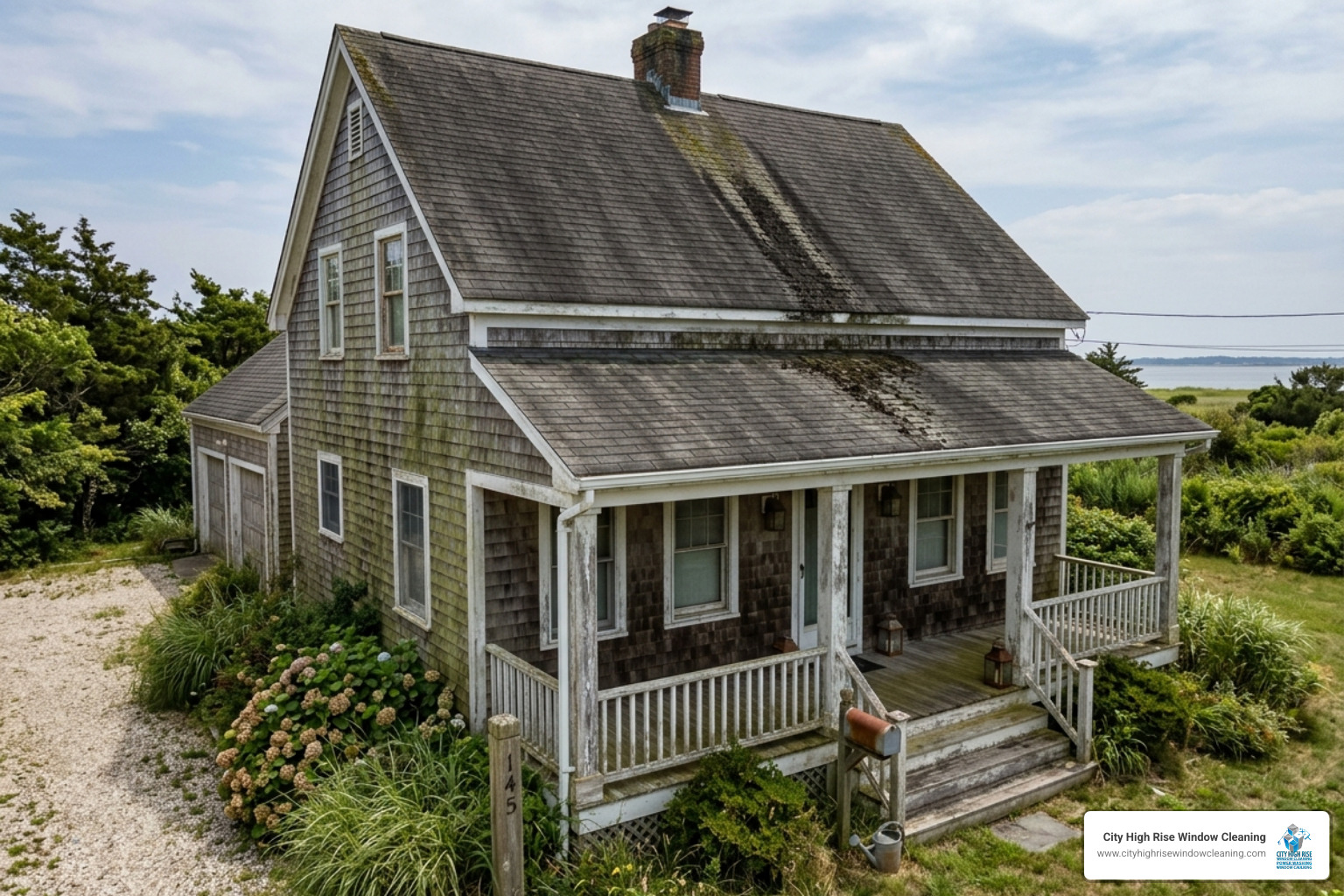 Coastal home in Long Island showing signs of salt and mold buildup before cleaning - long island pressure washing Coastal home in Long Island showing signs of salt and mold buildup before cleaning - long island pressure washing