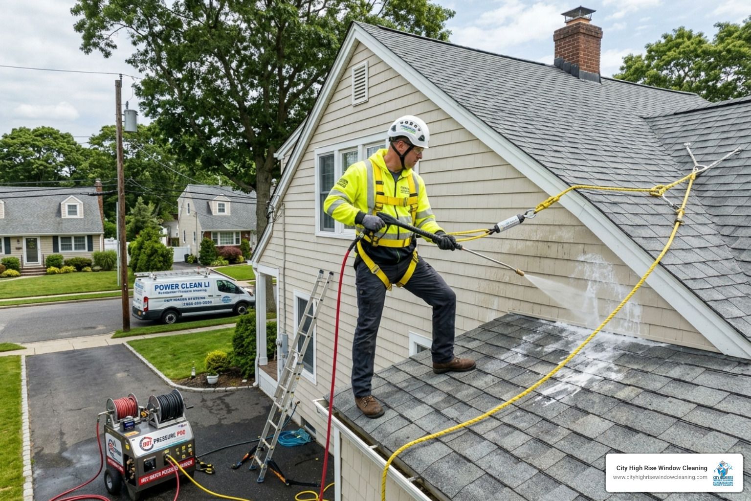 Professional technician using OSHA-compliant safety gear and hot-water pressure washing equipment - long island pressure Professional technician using OSHA-compliant safety gear and hot-water pressure washing equipment - long island pressure