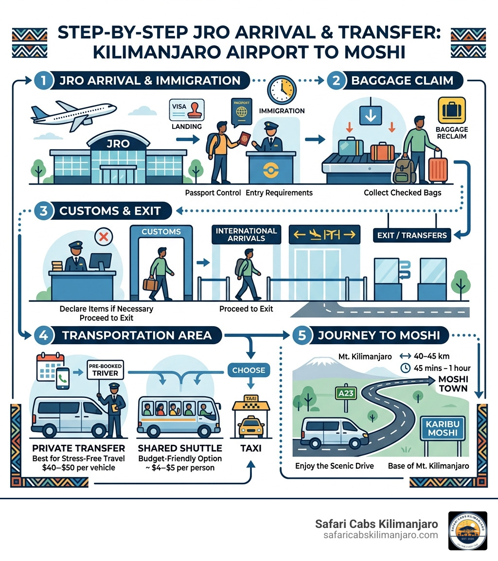 Step-by-step JRO arrival and transfer process infographic for Kilimanjaro Airport to Moshi - kilimanjaro airport to moshi