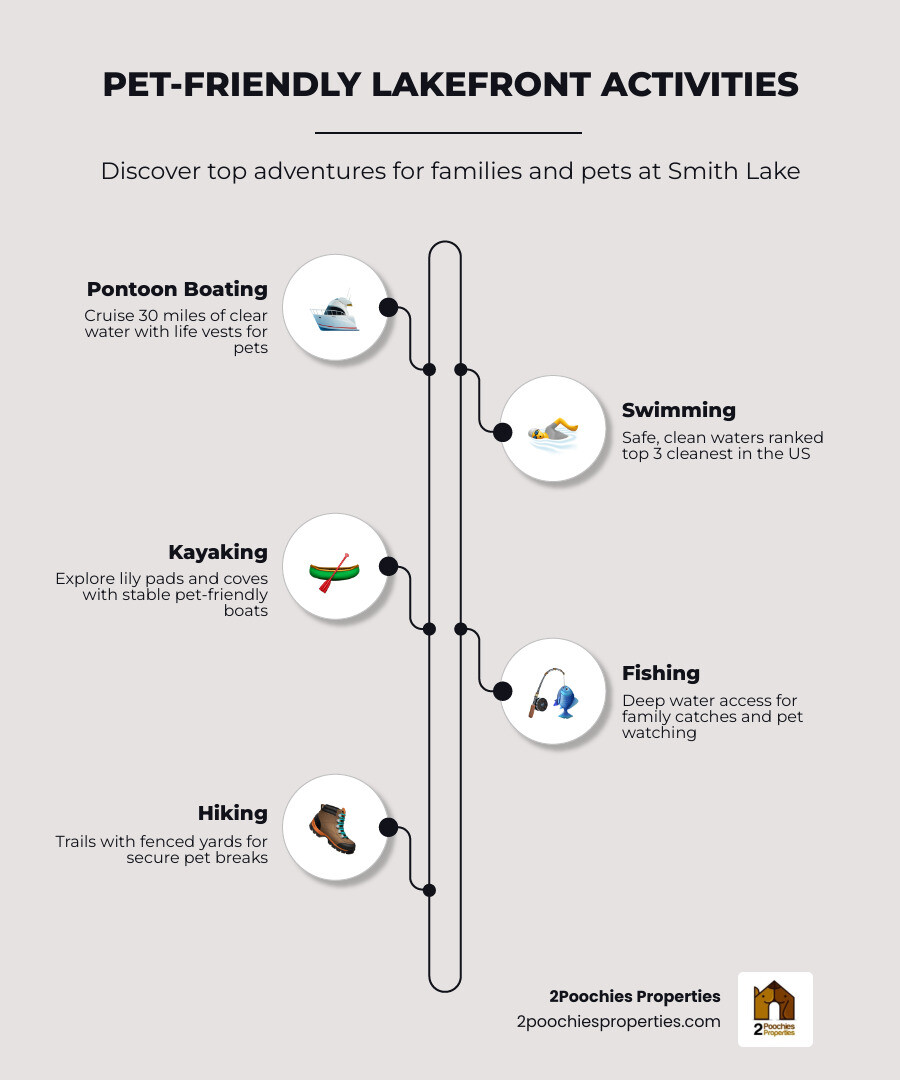 Infographic showing pet-friendly Smith Lake lakefront activities including swimming, pontoon boating, kayaking, and fenced