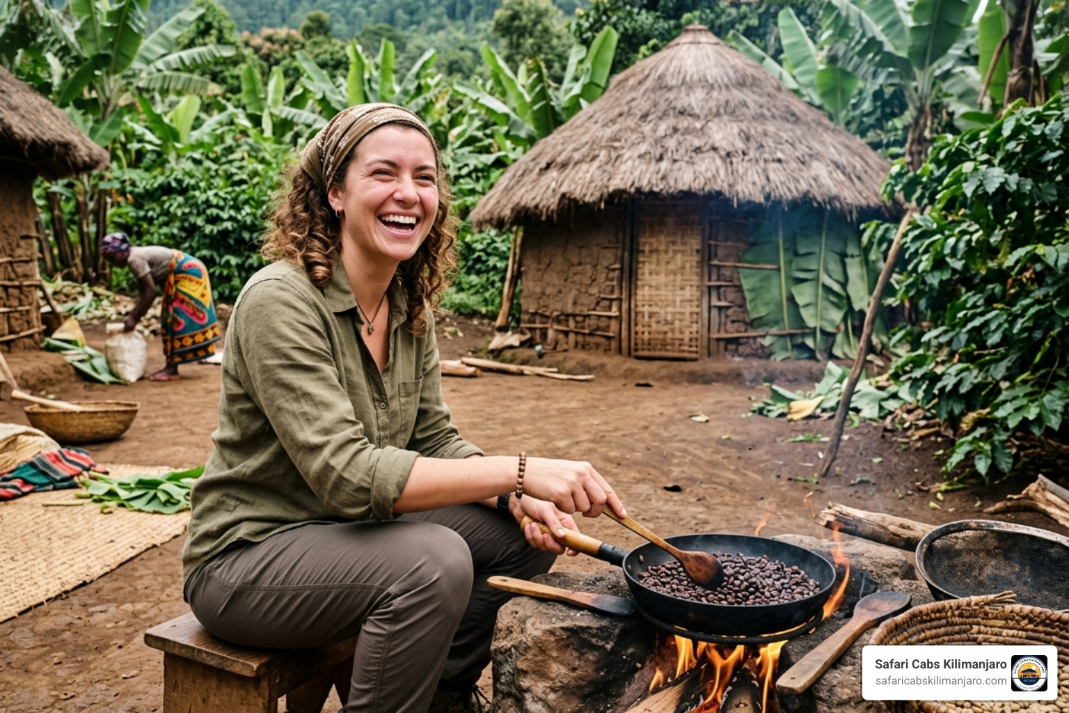 A traveler laughing while roasting coffee beans over an open fire in Materuni - materuni waterfalls and coffee tours