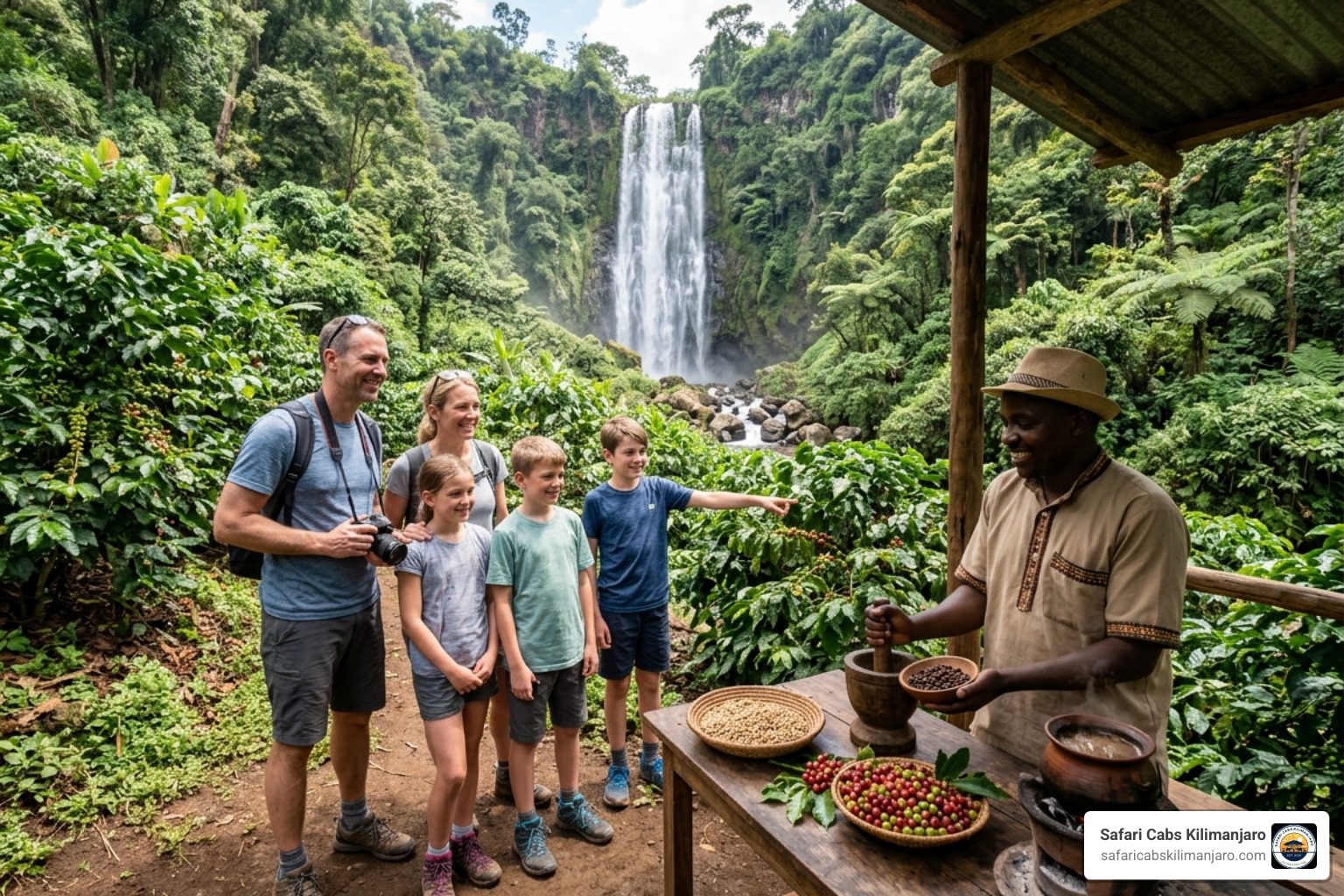 Traditional Chagga homesteads nestled in the lush greenery of Materuni Village - materuni waterfalls and coffee tours