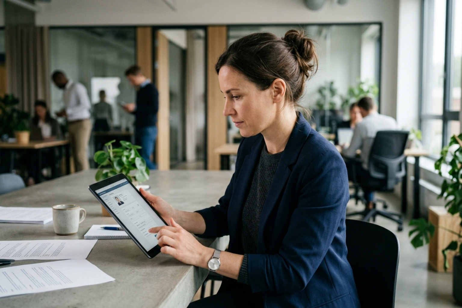 A focused professional updating a business profile on a tablet in a modern workspace - local seo for small businesses
