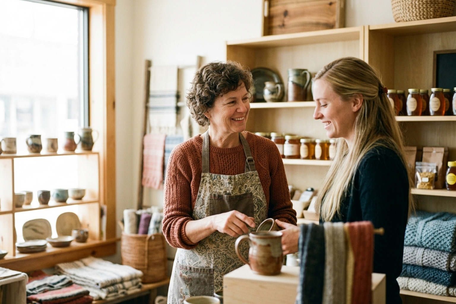 A friendly small business owner smiling while helping a customer in a sunlit local shop - local seo for small businesses