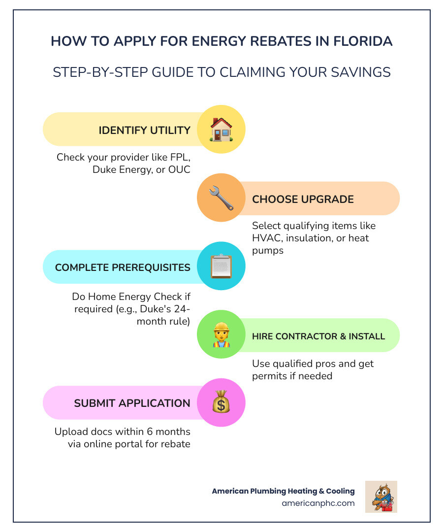 Step-by-step infographic of Florida energy rebate lifecycle from audit to bill credit - how to apply for energy rebates in