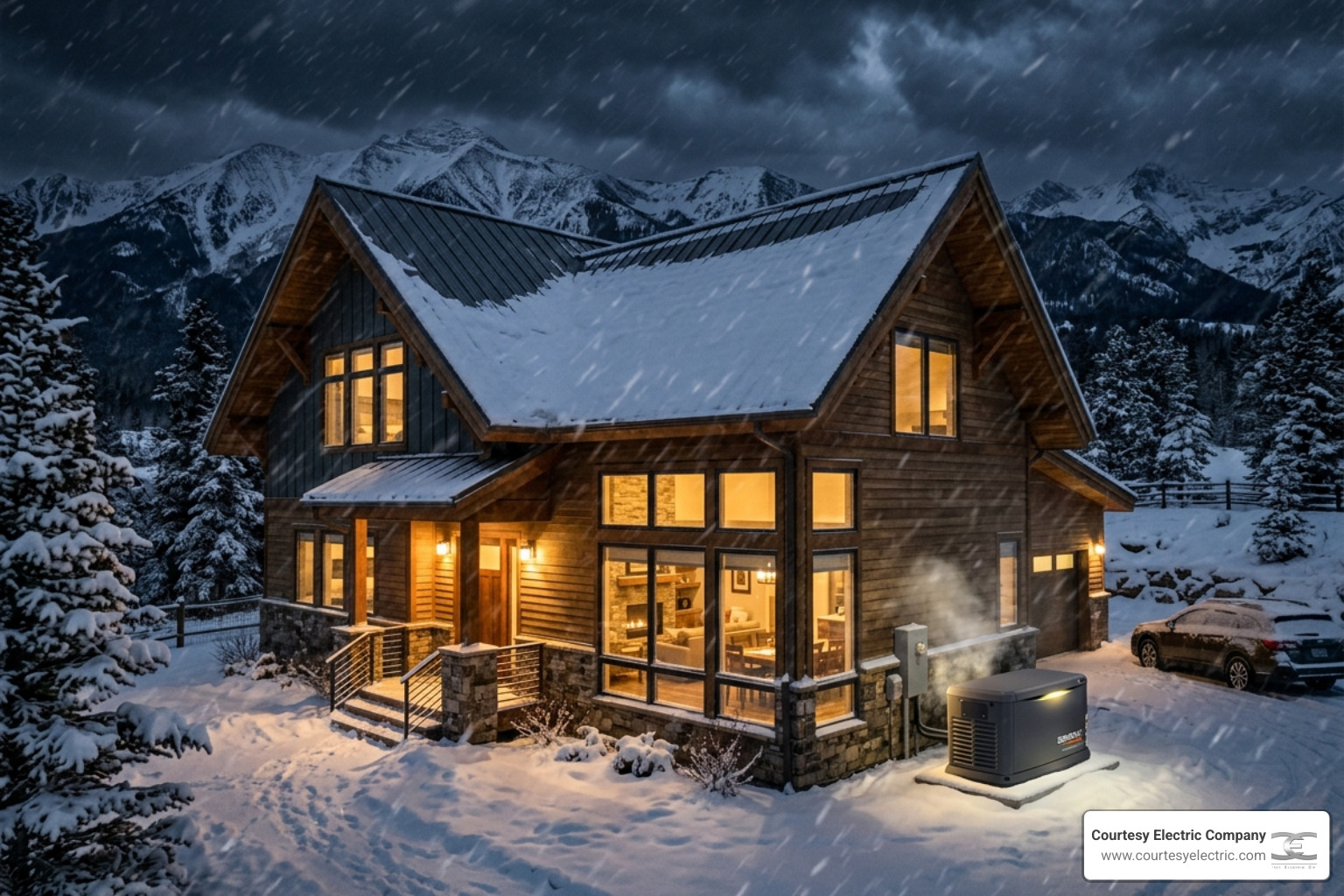 whole home generator powering Colorado home during blizzard at night - whole home generator benefits for colorado homeowners
