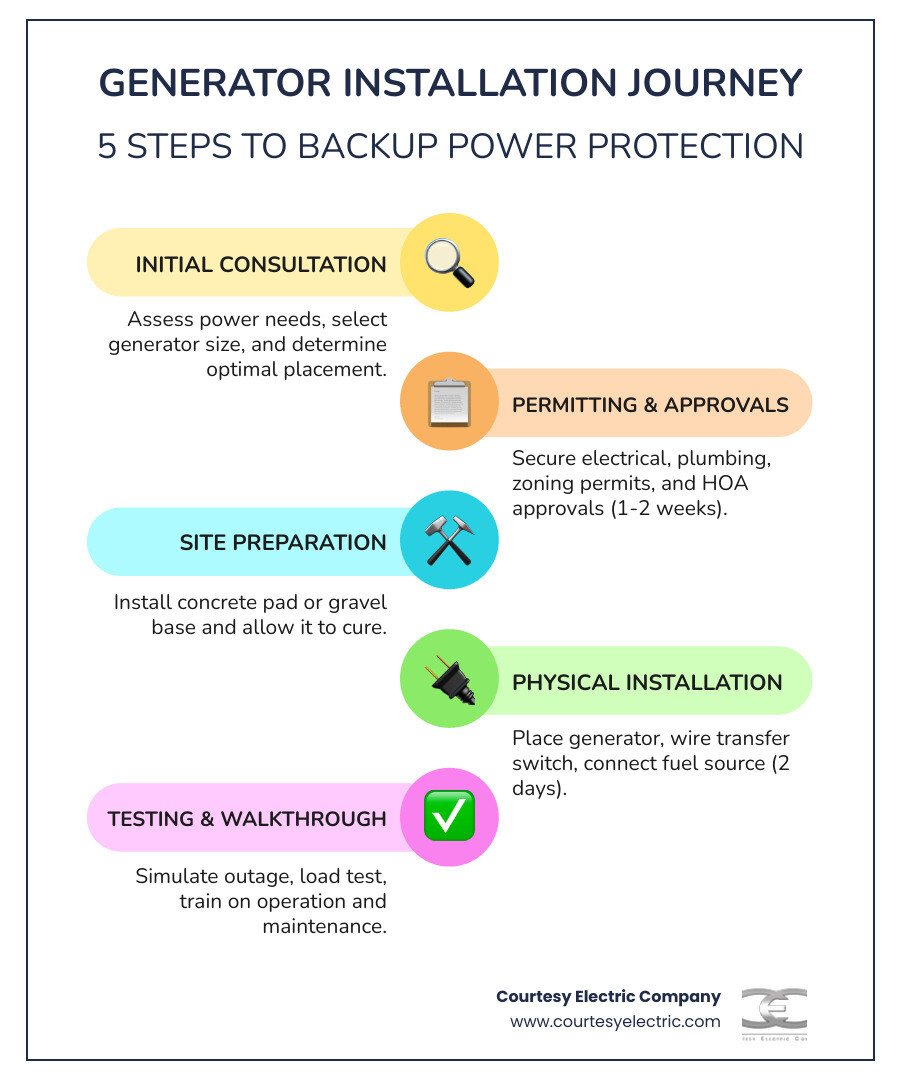 5-step home standby generator installation journey infographic for Colorado homeowners - generator installation what to