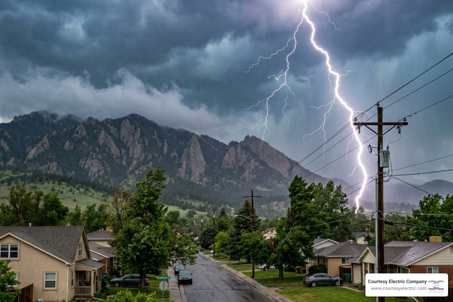lightning striking near residential power lines in a Colorado neighborhood - spring electrical safety and storm preparation