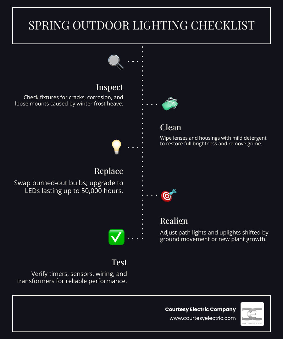 Spring outdoor lighting maintenance checklist infographic with steps: inspect, clean, replace, realign, trim, test, and
