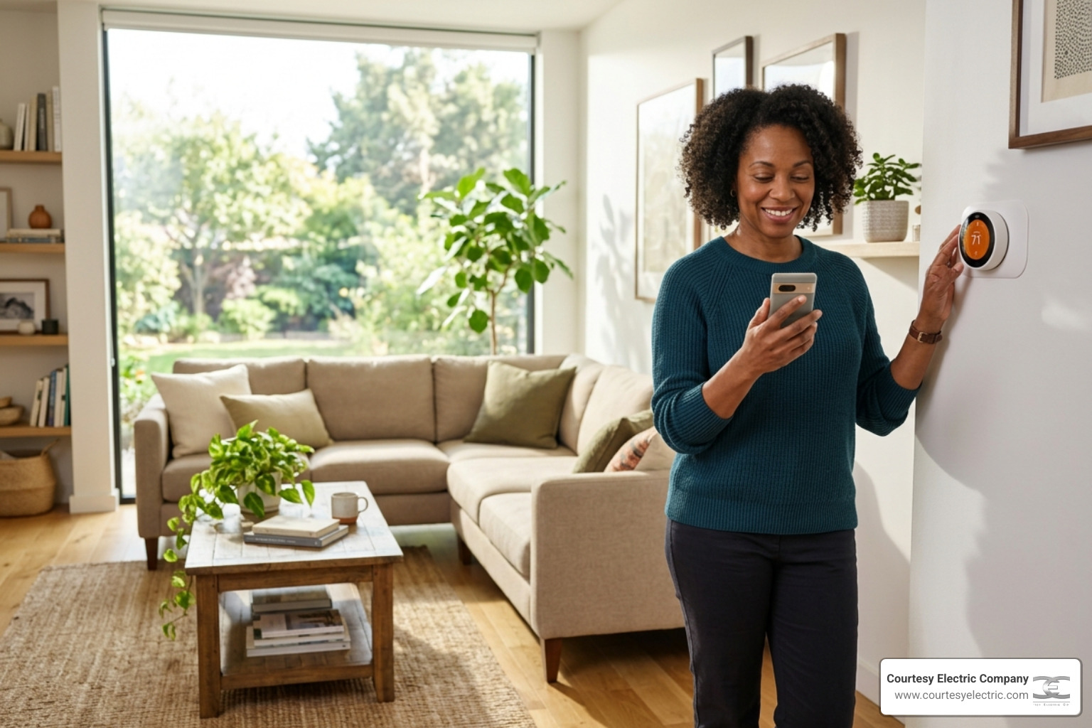 Homeowner using a smartphone app to adjust a smart thermostat in a sunlit living room - how to manage electrical demand