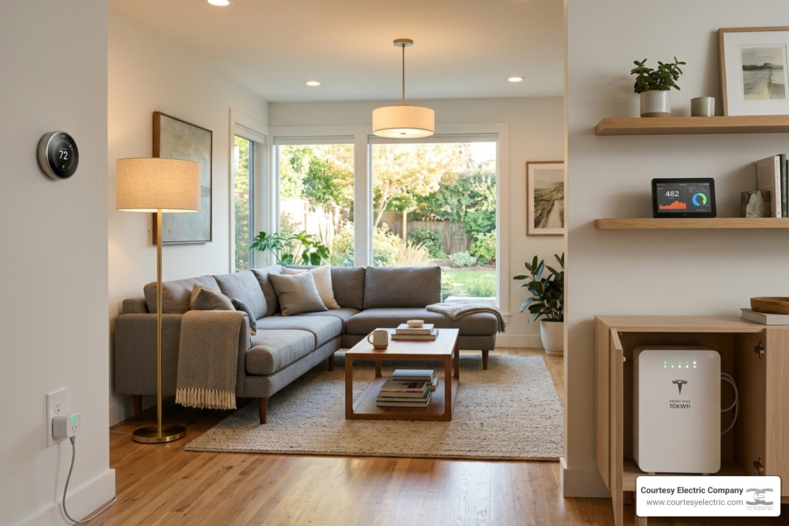 infographic showing components of a Smart Home Energy Management System including thermostat, smart plugs, LED lighting