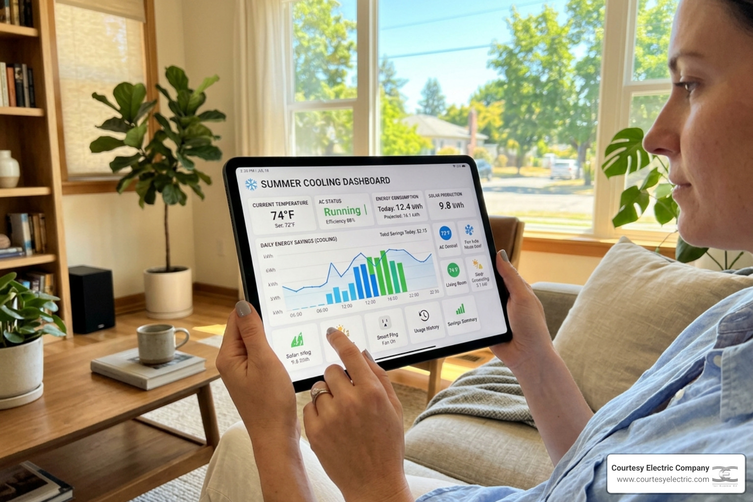 smart home energy management interface showing summer cooling efficiency - how to reduce your summer electric bill with