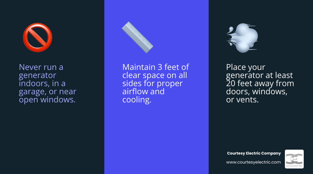 carbon monoxide safety and generator placement infographic - generator maintenance tips for homeowners infographic