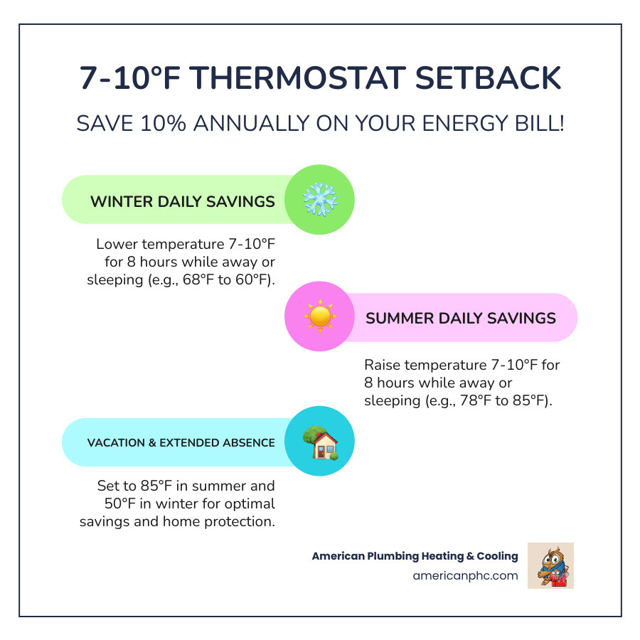 Infographic showing the 7-10 degree thermostat setback rule and 10% annual energy savings breakdown by season - what Infographic showing the 7-10 degree thermostat setback rule and 10% annual energy savings breakdown by season - what