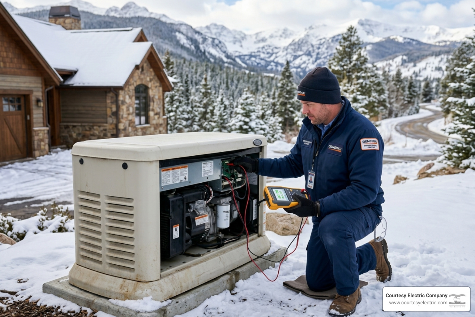 technician performing a diagnostic check on a Generac standby generator - generator maintenance before colorado storm season
