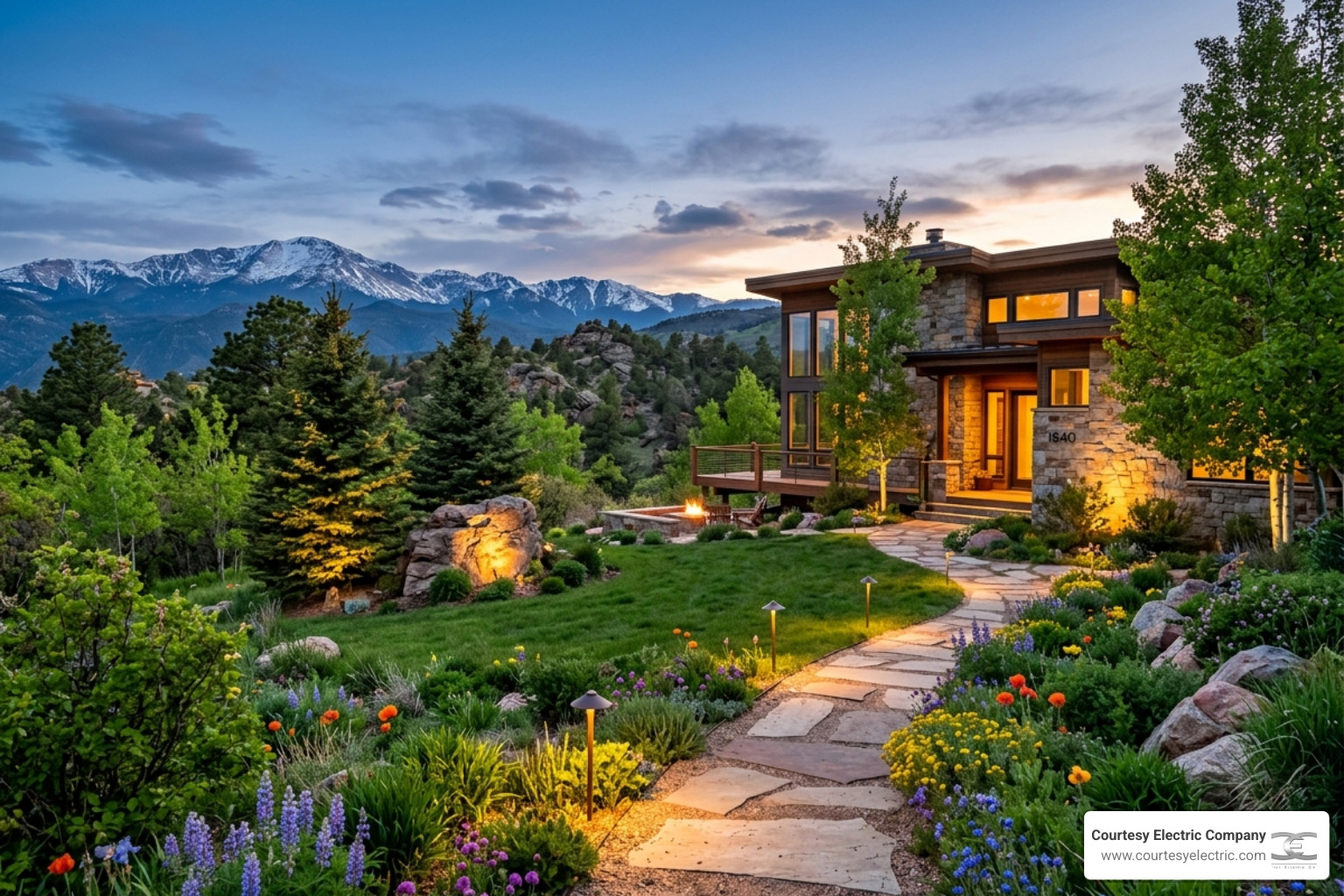 beautifully lit Colorado landscape in spring April 2026 - spring outdoor lighting maintenance