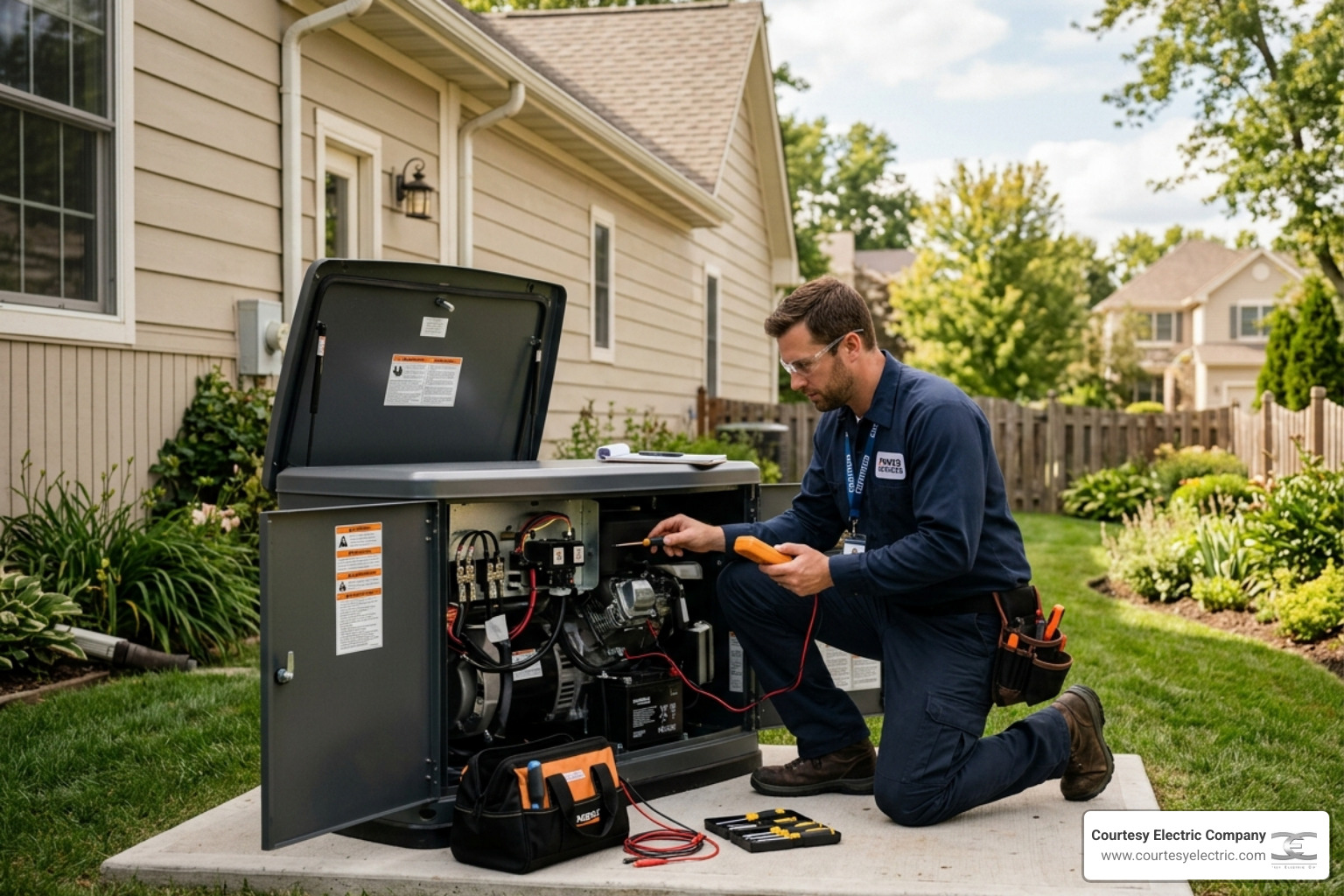certified electrician performing a detailed inspection on a Generac standby generator in a residential backyard - how proper