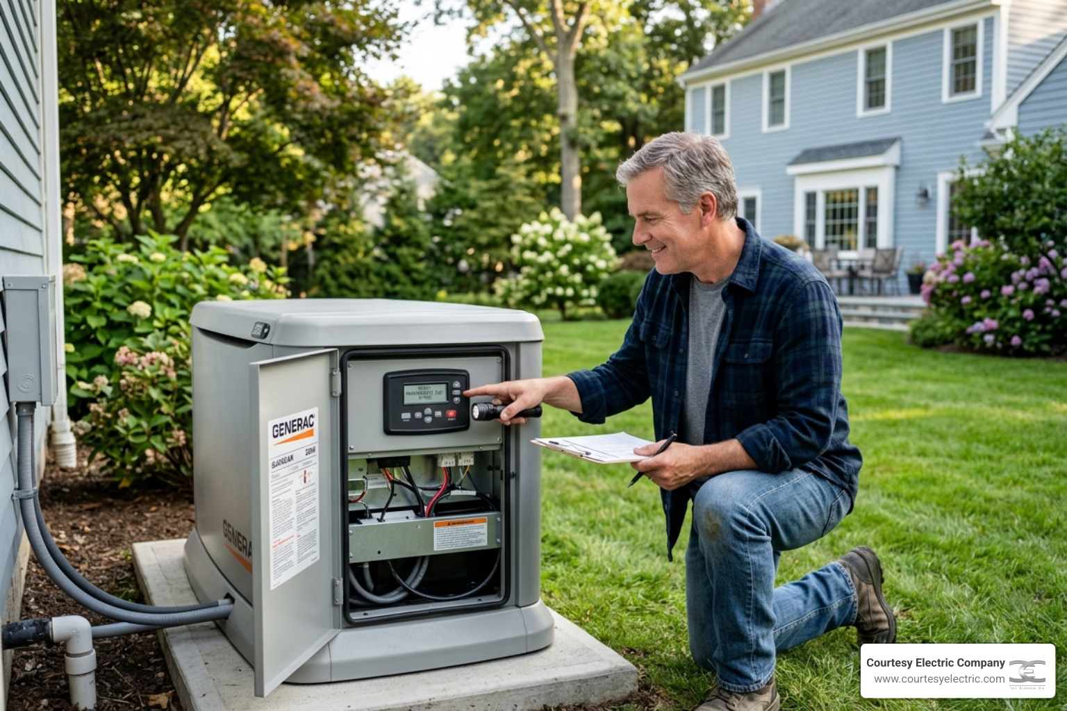homeowner inspecting a generator control panel during a routine check - generator maintenance tips for homeowners