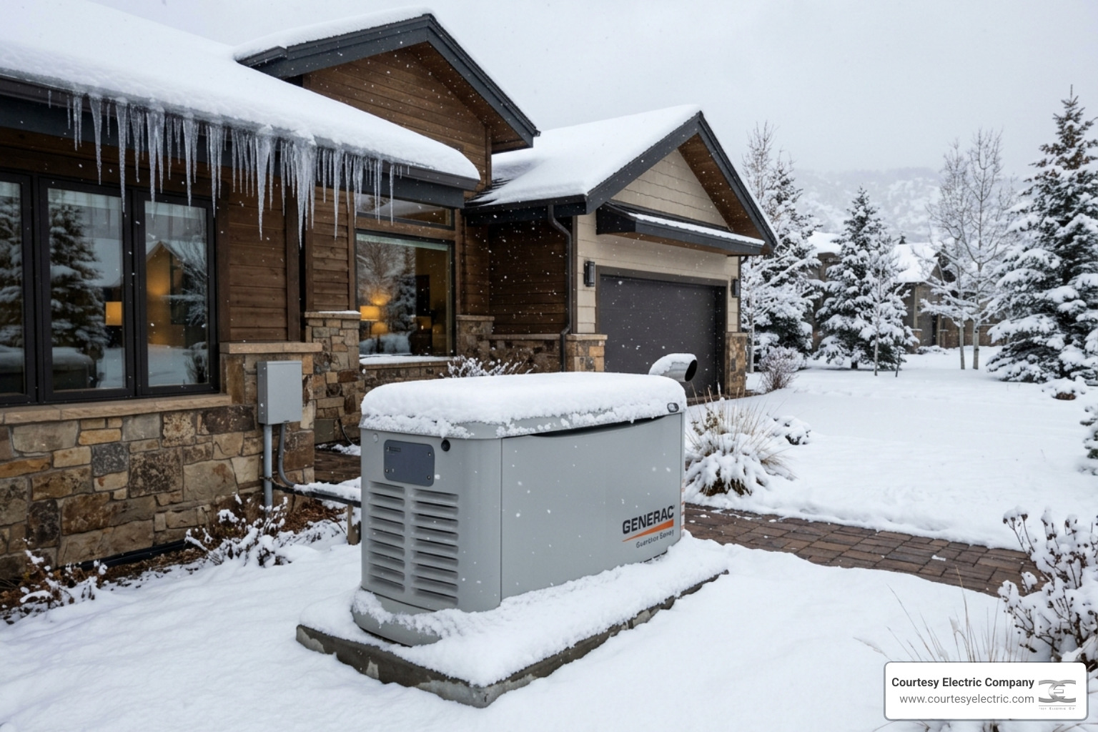 standby generator covered in snow during Colorado winter storm - generator maintenance before colorado storm season