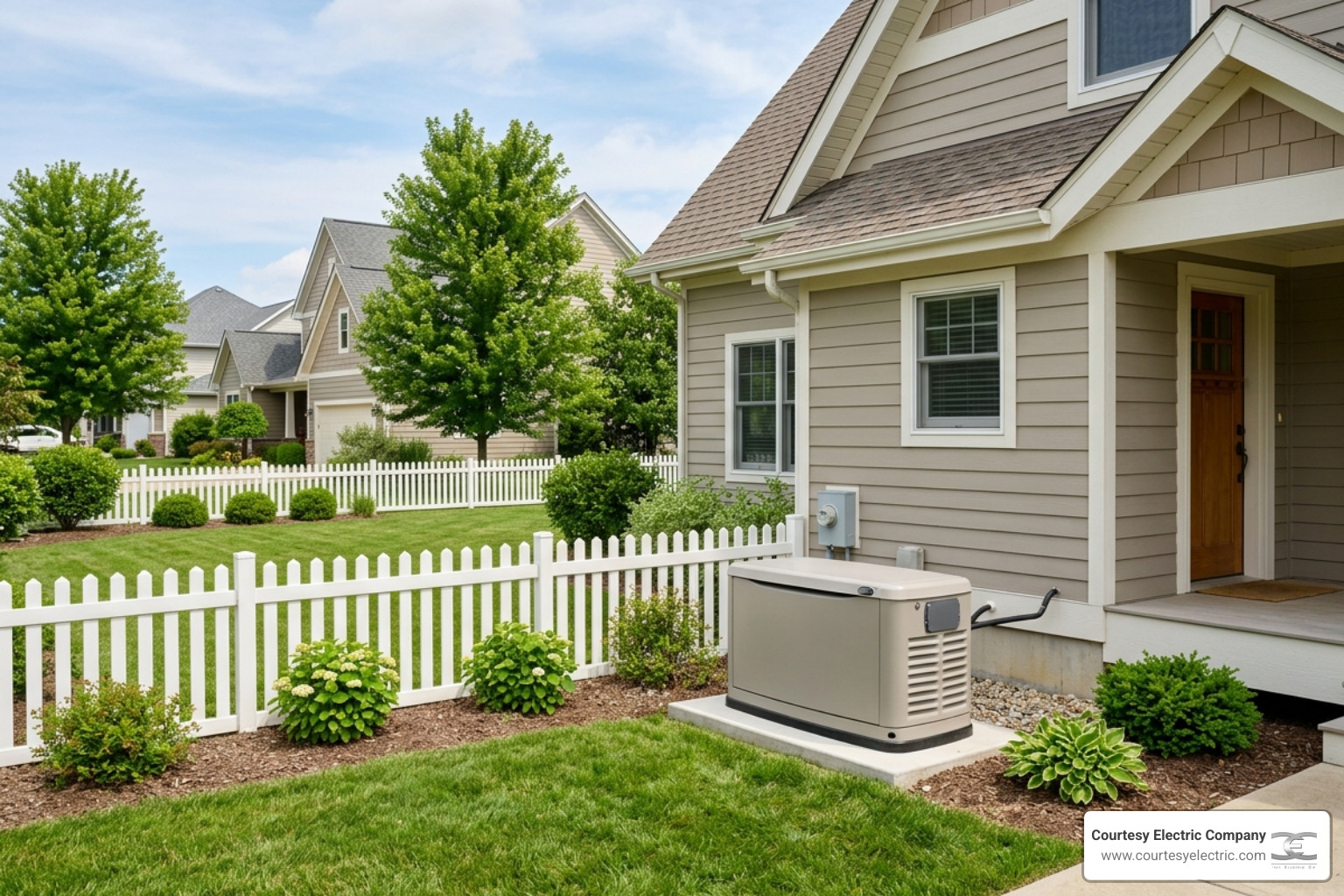 home standby generator installed in a residential yard - generator maintenance tips for homeowners
