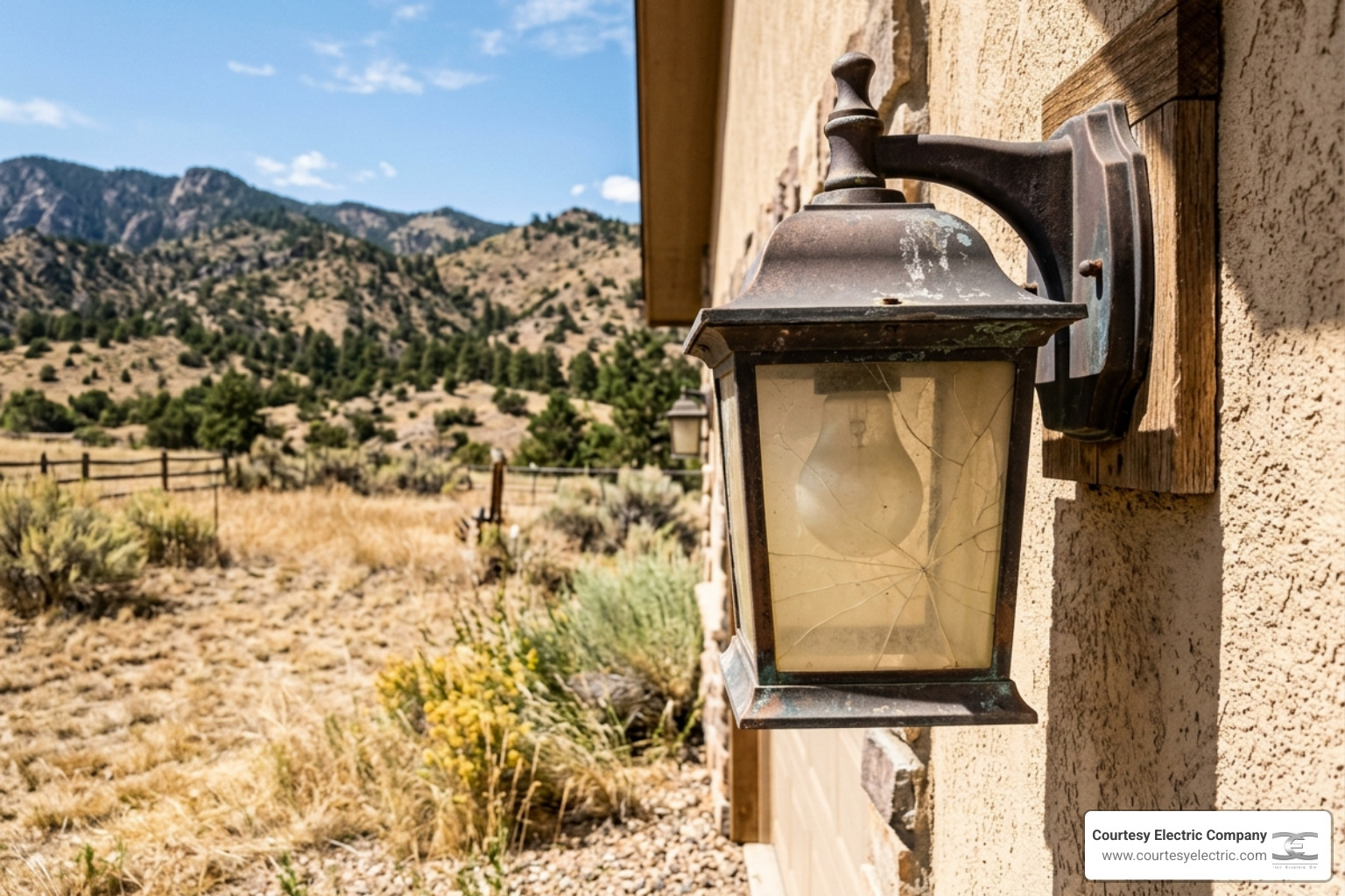 sun-baked outdoor light fixture in a Colorado yard - summer outdoor lighting maintenance tips