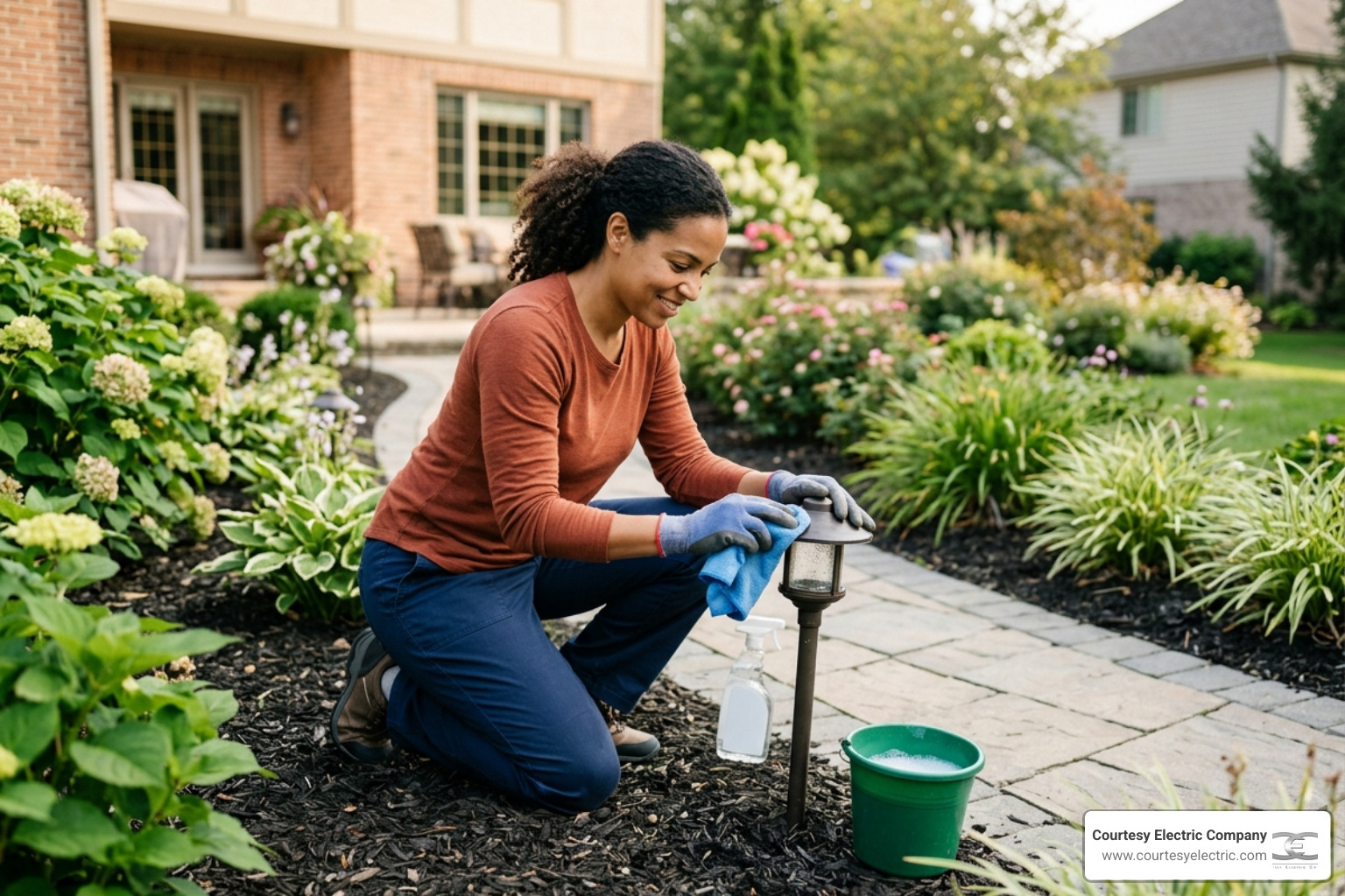 homeowner cleaning a landscape light lens with a soft cloth - summer outdoor lighting maintenance tips