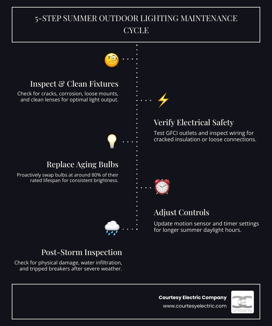 5-step summer outdoor lighting maintenance cycle infographic for homeowners - summer outdoor lighting maintenance tips