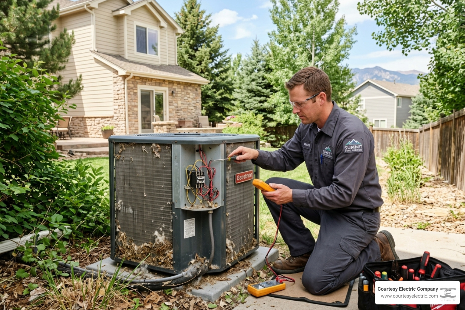 Technician inspecting an outdoor AC unit for debris and electrical connections - summer electrical tips for colorado