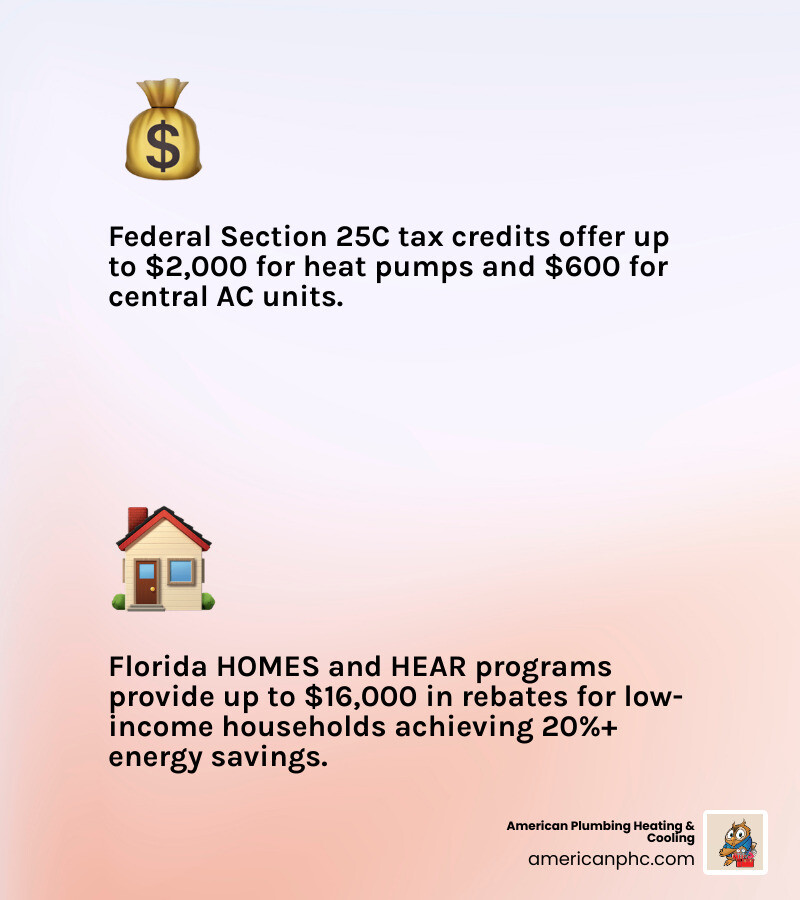 Infographic showing federal tax credits vs Florida state rebates vs utility rebates for HVAC and plumbing upgrades - florida