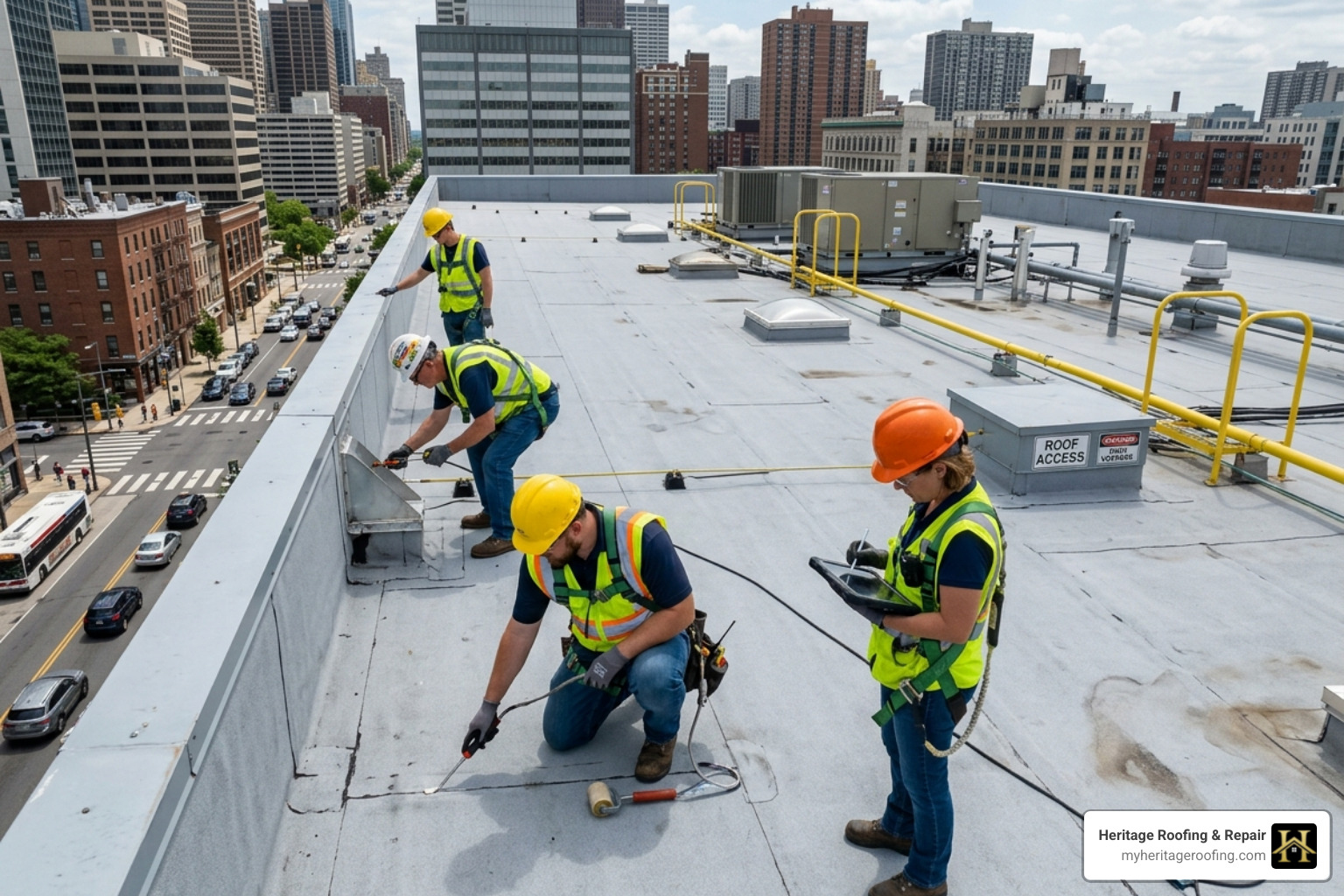 roofing crew performing a flat roof inspection - commercial roofers near