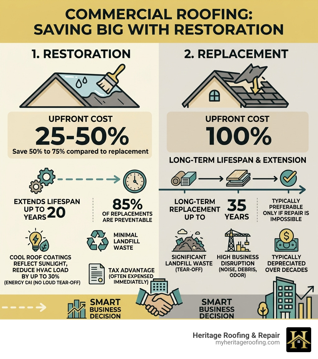 infographic comparing restoration vs replacement costs and lifespans - commercial roofers near infographic 