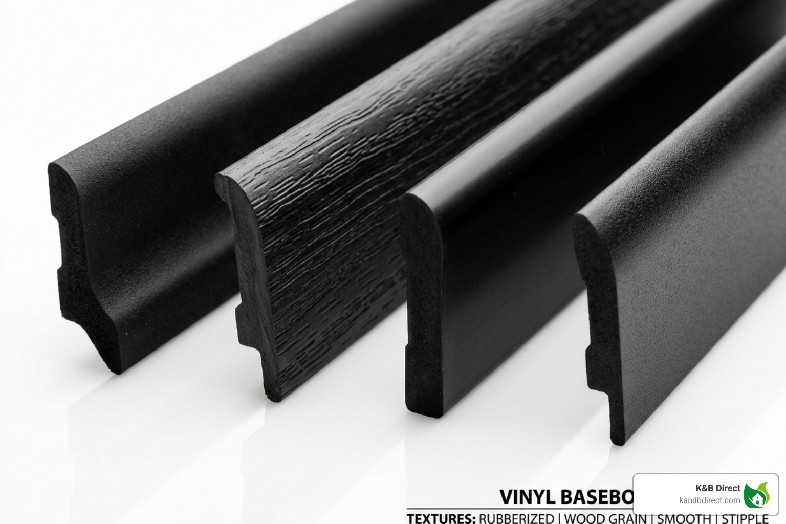Close-up of various black vinyl trim profiles showing textures and thicknesses - black vinyl baseboard trim