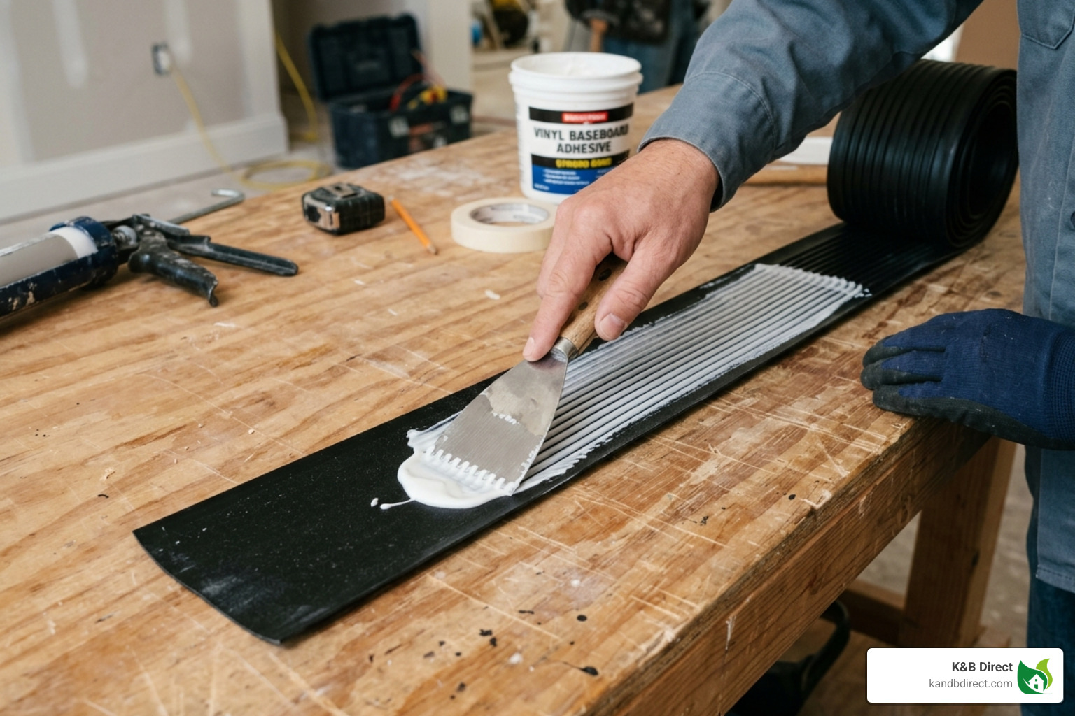Applying adhesive to the back of a black vinyl trim coil - black vinyl baseboard trim