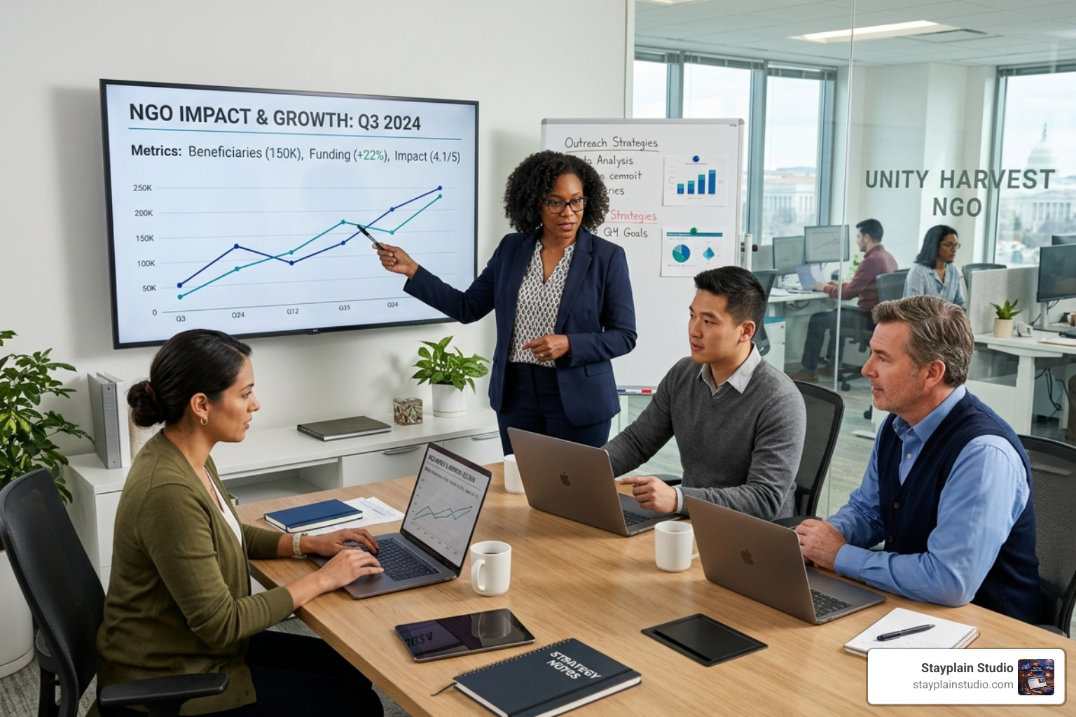 NGO team analyzing growth metrics - nonprofit digital marketing services
