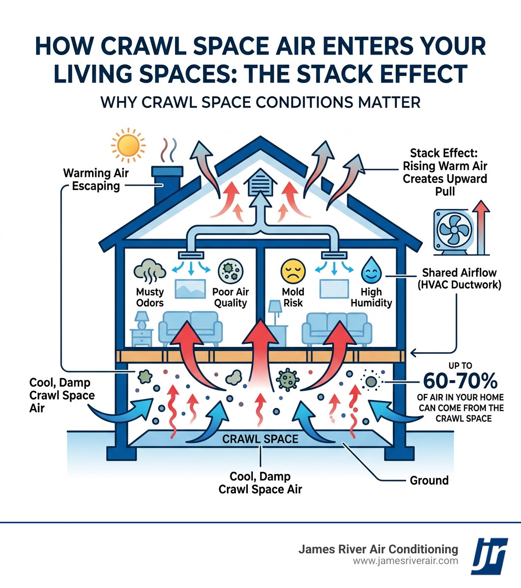 Infographic showing the stack effect and how crawl space air moves into living spaces - crawl space services and why they Infographic showing the stack effect and how crawl space air moves into living spaces - crawl space services and why they