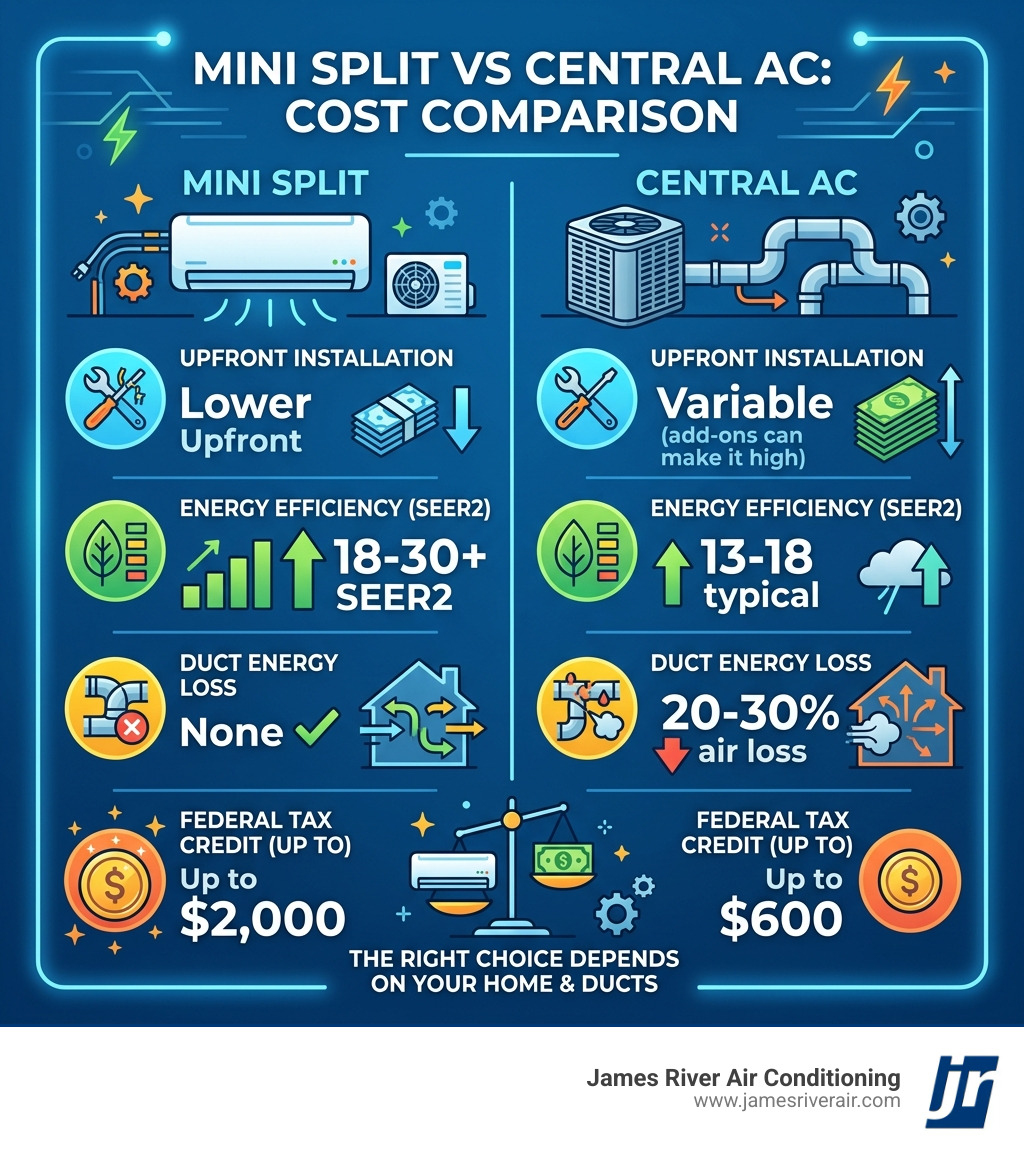 Infographic comparing mini split vs central AC cost factors including installation, efficiency, duct loss, and tax credits Infographic comparing mini split vs central AC cost factors including installation, efficiency, duct loss, and tax credits