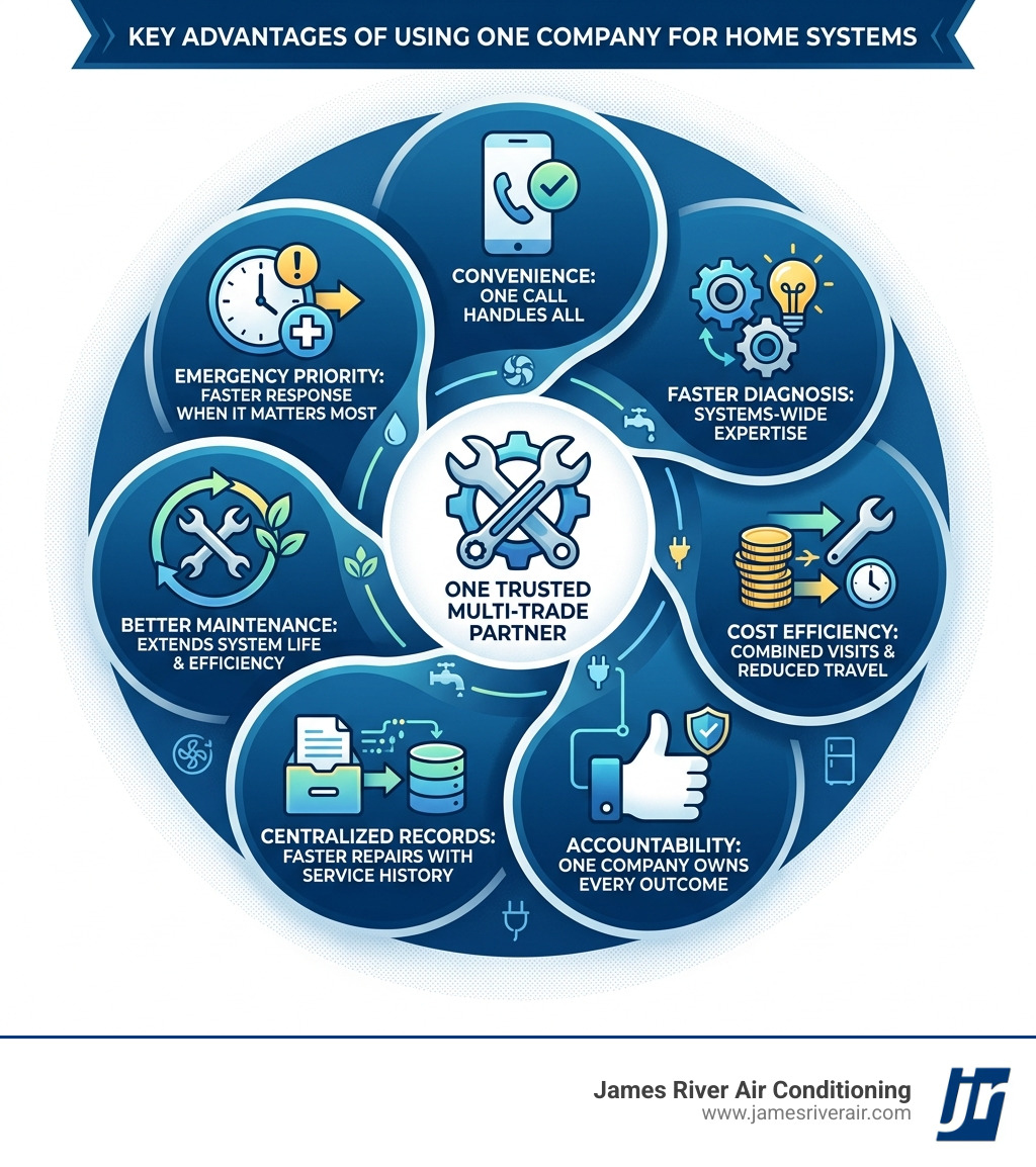 infographic showing key advantages of using one company for HVAC plumbing electrical and appliances - advantages of one infographic showing key advantages of using one company for HVAC plumbing electrical and appliances - advantages of one