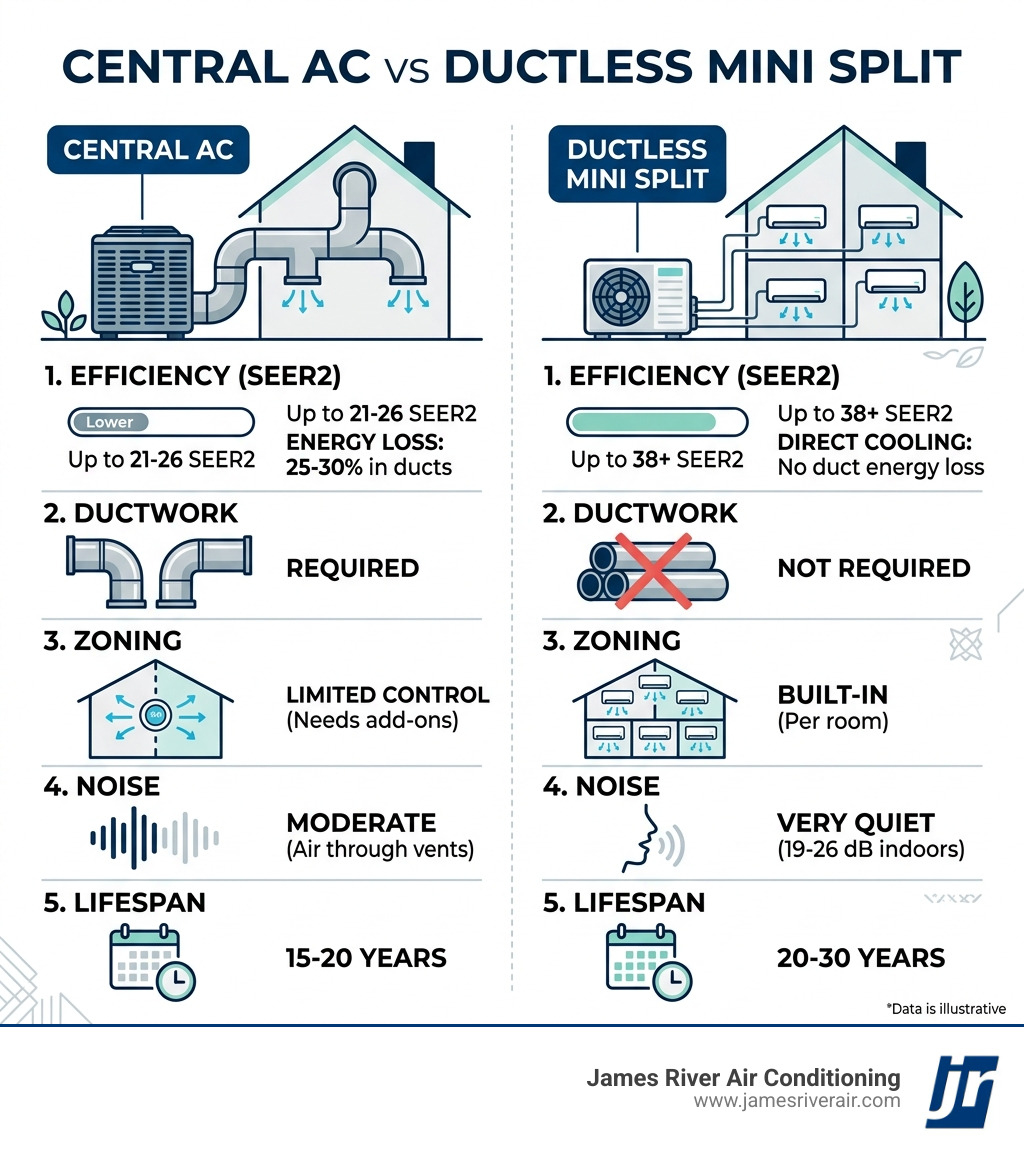 Infographic comparing central AC vs ductless mini split: efficiency, ductwork, zoning, noise, and lifespan - central ac vs Infographic comparing central AC vs ductless mini split: efficiency, ductwork, zoning, noise, and lifespan - central ac vs